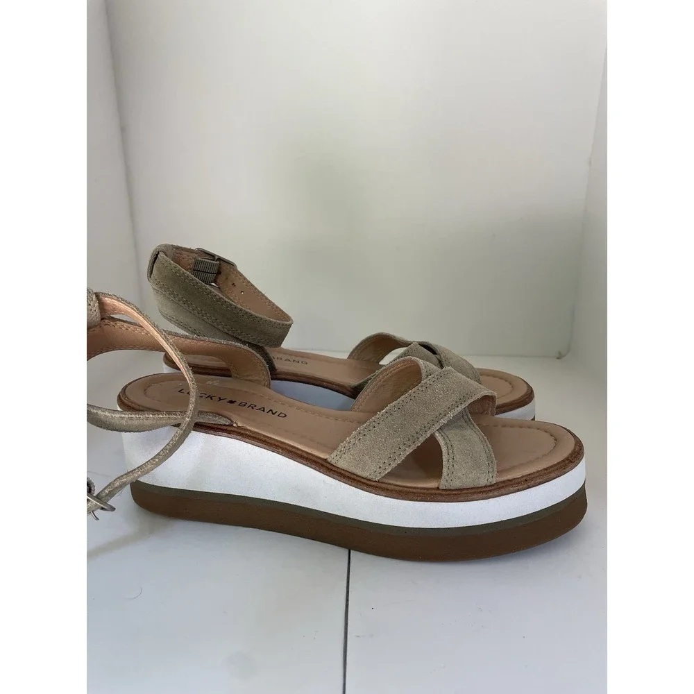 Lucky Brand Suede Wedge Platform Sandal Size‎ 8.5 Tarhi Olive Green Brown Whit